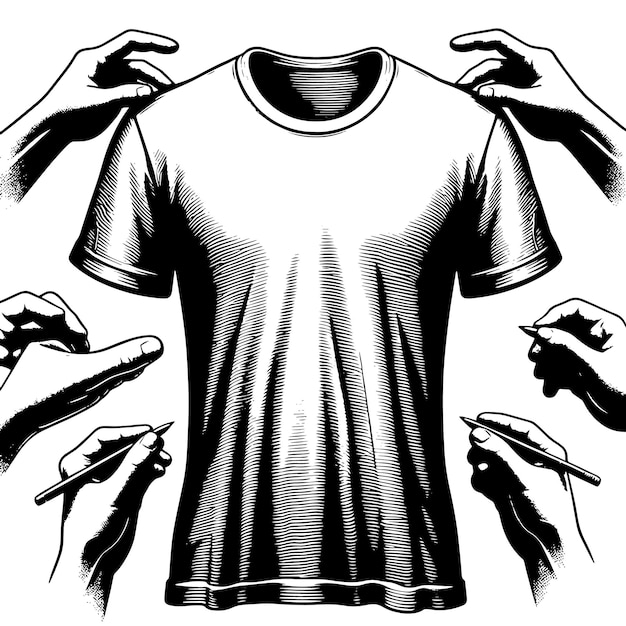 PSD ilustração em preto e branco de uma camiseta branca