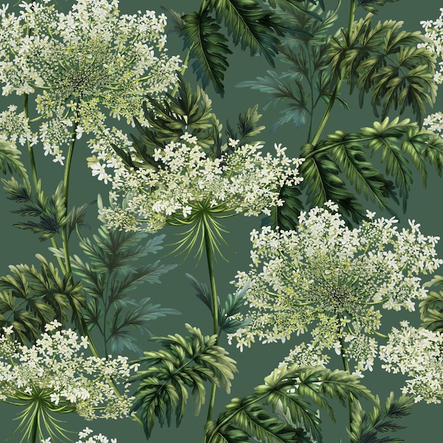 Ilustração floral de Queen Annes Lace sobre vegetação
