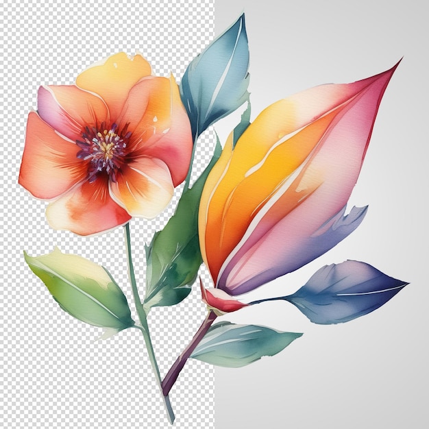 PSD ilustração floral em aquarela com cores vibrantes e fundo transparente