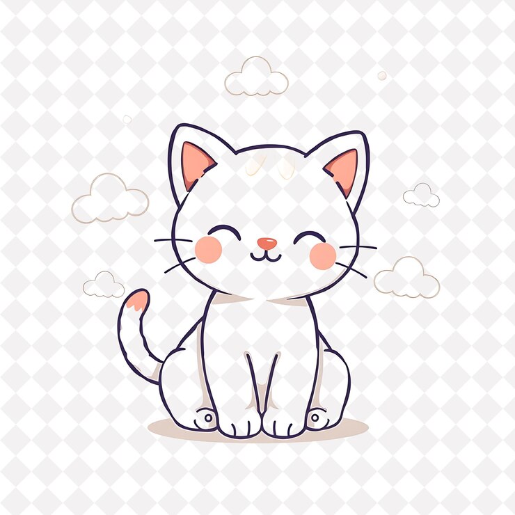 PSD ilustração gatinho brincalhão com formas de nuvens esparsamente distribuídas em fundo sweet candy colo