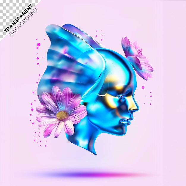 Ilustração holográfica 3d de cabeça e flores abstratas