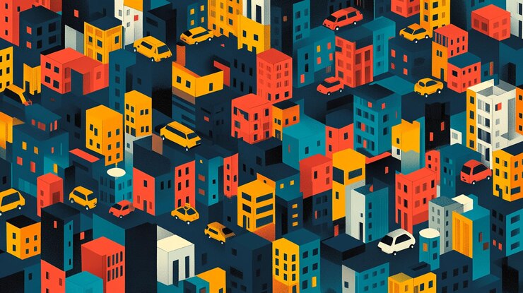 PSD ilustração isométrica de uma cidade densa com edifícios e carros coloridos