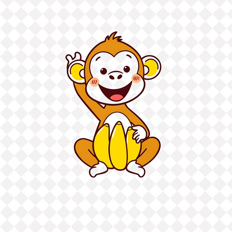 PSD ilustração macaco feliz com formas de banana dispostas como um feixe amarelo enérgico cor fofa de