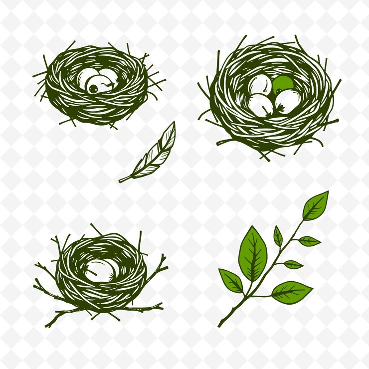 PSD ilustração ninhos de pássaros penas galhos folhas cuidadosamente tecidas pássaros ne cores criativas conjuntos de natureza