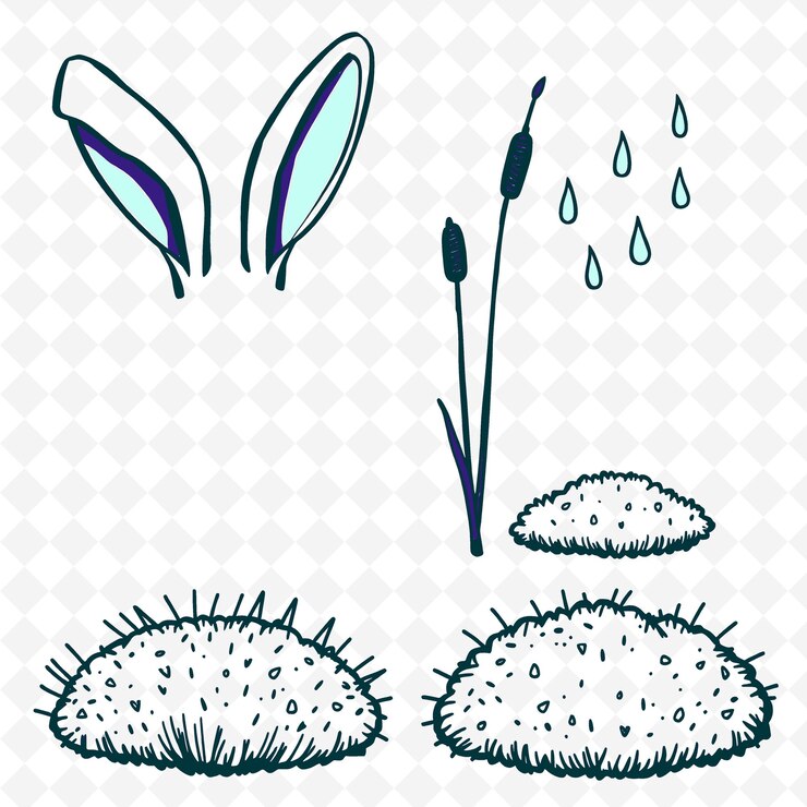 PSD ilustração orelhas de coelhinho cateis gotas de chuva moss patches floppy bunny coloração criativa natureza sete