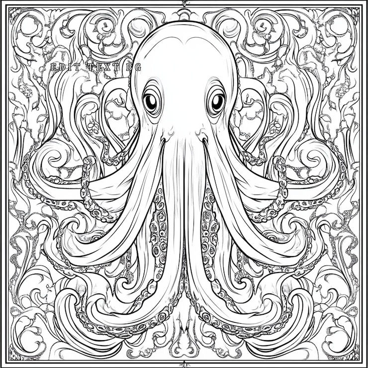 PSD ilustração ornamentada de polvo em uma moldura quadrada