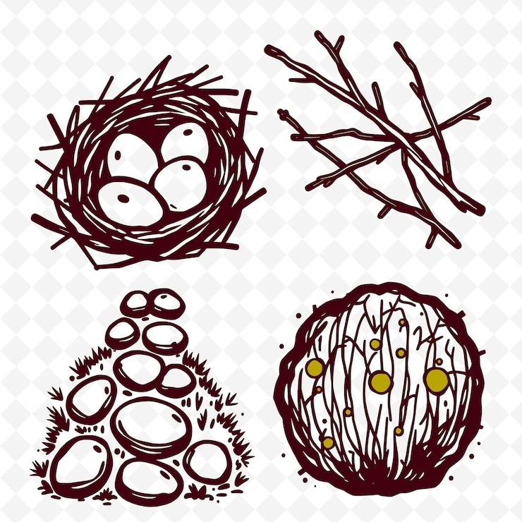 PSD ilustração ovos de pássaro ramos de seixos moss ovos de aves aninhados em um aconchegante conjunto de coloração criativa da natureza
