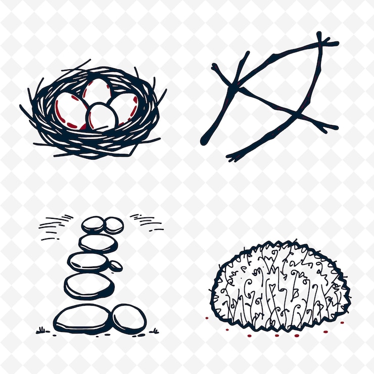 PSD ilustração ovos de pássaro ramos de seixos moss ovos de aves aninhados em um aconchegante conjunto de coloração criativa da natureza