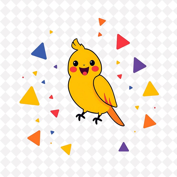 PSD ilustração papagaio alegre com formas triangulares espalhadas em torno de cores primárias bonitas design o