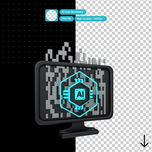 Ilustração PSD 3D de computador de inteligência artificial