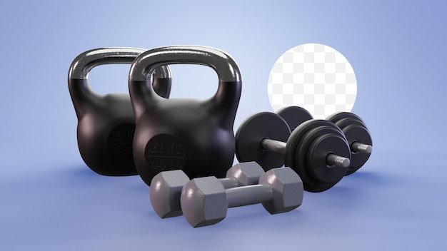 Ilustração PSD 3D de kettlebells e halteres