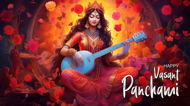 PSD ilustração psd edtable da deusa da sabedoria saraswati para o festival vasant panchami india