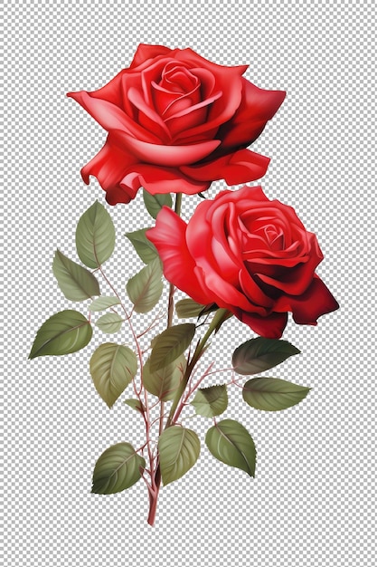 PSD ilustração que mostra uma rosa vermelha vibrante em plena floração em um fundo transparente