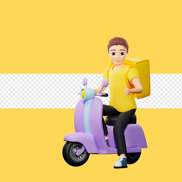 PSD ilustração raster de homem andando de scooter com mochila e polegar para cima jovem em uma camiseta amarela monta uma motocicleta entrega transporte velocidade regras de trânsito 3d renderização de arte para negócios