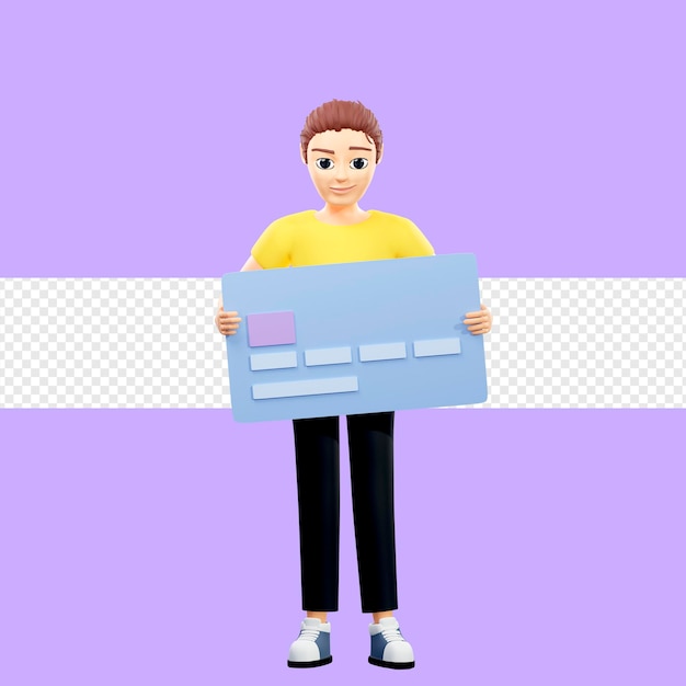 Ilustração raster de homem com enorme cartão bancário Jovem em uma camiseta amarela segurando um cartão de vidro pagamento sem contato crédito débito terminal bancário compra compras arte de renderização 3d