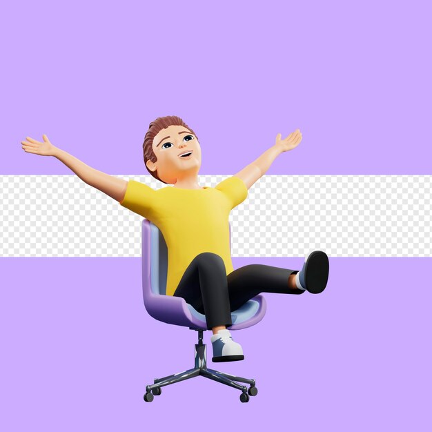 Ilustração raster de homem feliz e regozijante Jovem com uma camiseta amarela senta-se em uma cadeira com pernas e braços levantados satisfeito no final do dia de trabalho arte de renderização em 3d para negócios e publicidade