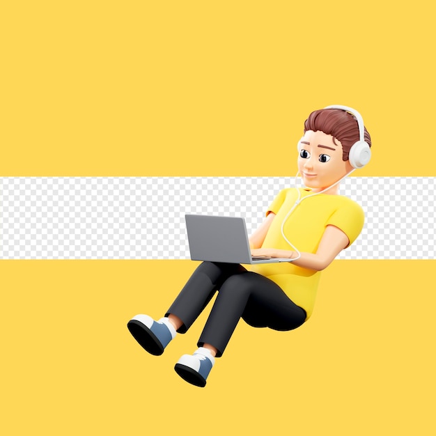Ilustração raster de um homem assistindo vídeo no computador Um jovem com uma camiseta amarela senta-se no chão em fones de ouvido com um telefone arte de renderização em 3D para negócios e publicidade