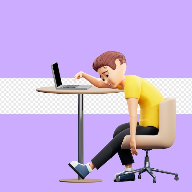 Ilustração raster de um homem entediado na frente do computador Um jovem com uma camiseta amarela senta-se em sua mesa cutucando o dedo em um laptop entediado, triste, melancólico, arte de renderização em 3D para negócios