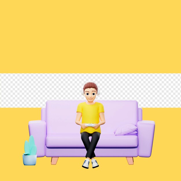 Ilustração raster do homem joga o console de jogos Jovem com uma camiseta amarela em fones de ouvido no sofá segurando um joystick gamer controle remoto arte de renderização 3d para negócios e publicidade