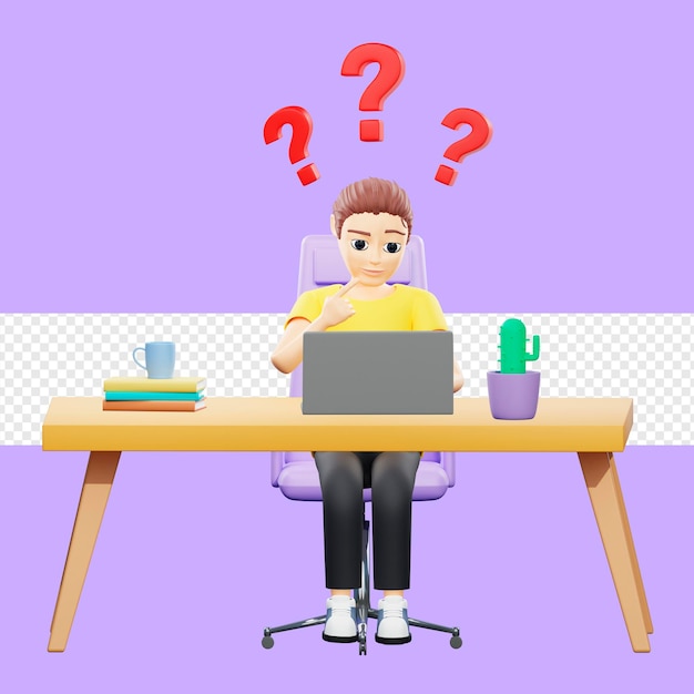 Ilustração raster do homem pensando no computador com pontos de interrogação Jovem com uma camiseta amarela sentado em sua mesa cutuca o dedo em um arranhão de laptop na parte de trás da cabeça renderização em 3d