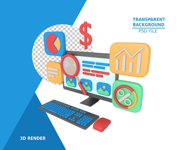 PSD ilustração sobre a análise de seo do site no computador