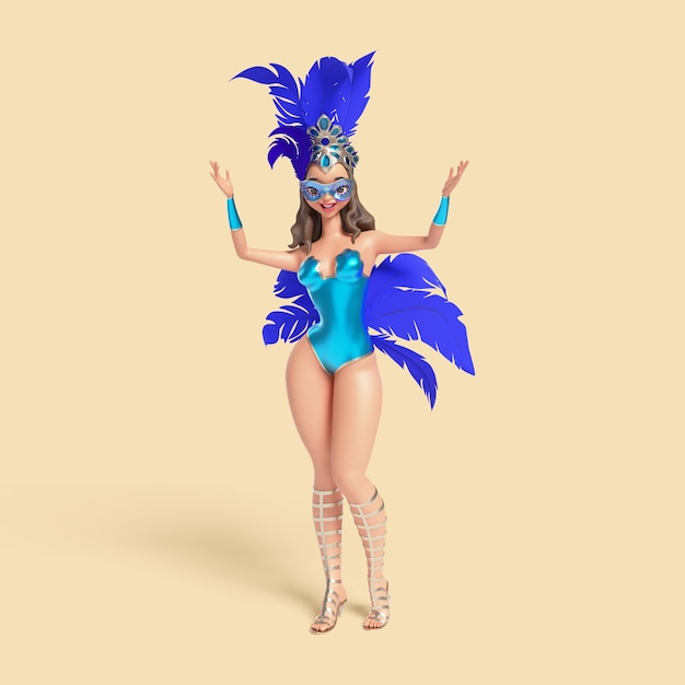 Ilustração tridimensional da personagem de dançarina de samba brasileira fantasiada