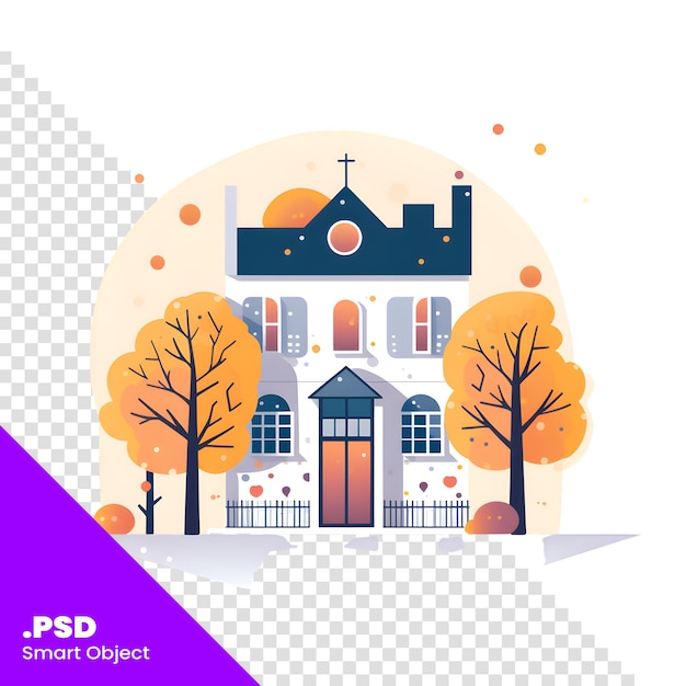 PSD ilustração vetorial da igreja no outono design de estilo plano para web e modelo psd impresso