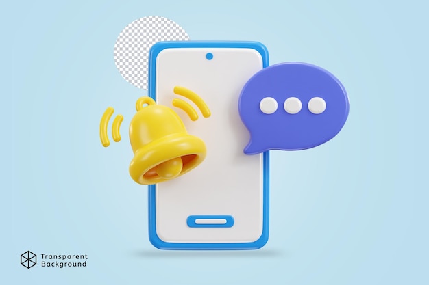 Ilustração vetorial de ícone de sino de notificação de telefone 3D com bate-papo