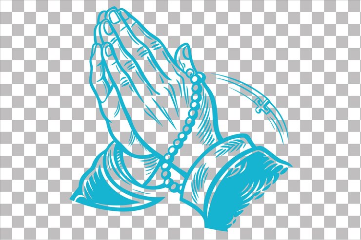 PSD ilustração vetorial de mãos de oração com rosário vintage line art design