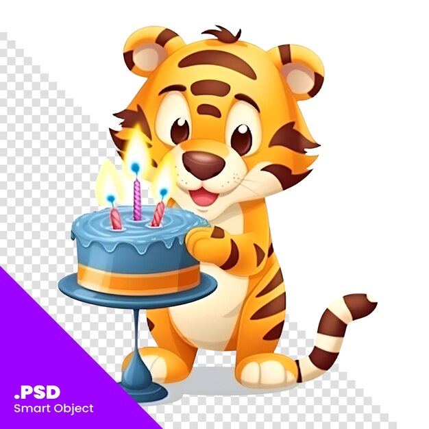 PSD ilustração vetorial de tigre de desenho animado bonito com bolo de aniversário em fundo branco modelo psd