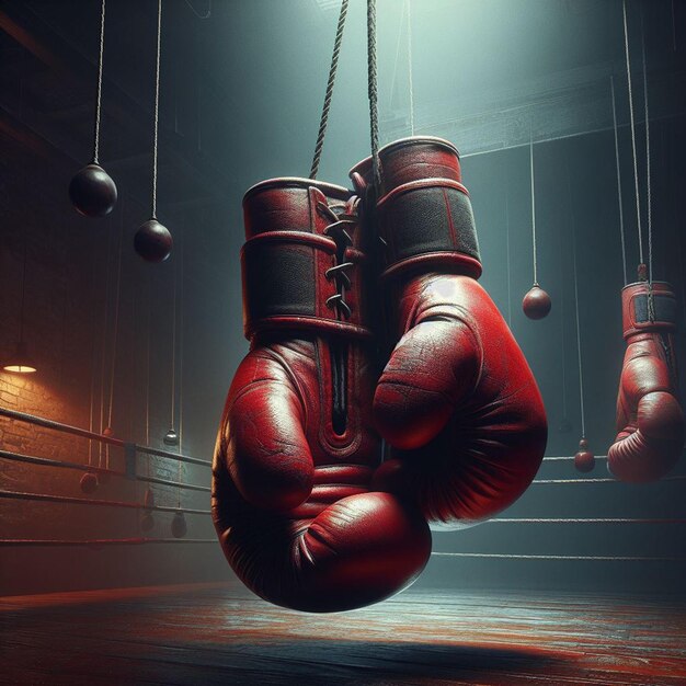 Ilustração vetorial hiperrealista luvas de boxe vermelhas suspensas ginásio esporte fundo transparente