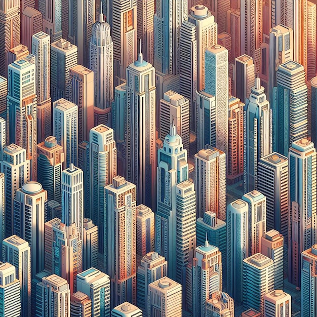 Ilustração vetorial hiperrealista skyline design plano megacidade no pôr do sol arranha-céu papel de parede