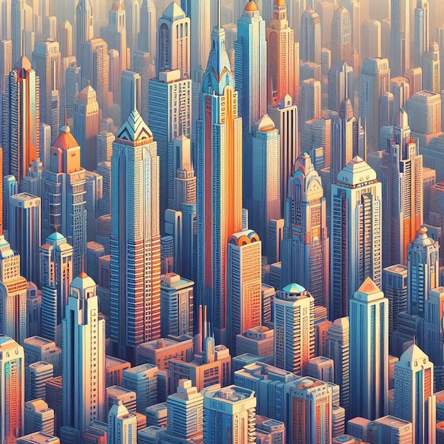 PSD ilustração vetorial hiperrealista skyline design plano megacidade no pôr do sol arranha-céu papel de parede