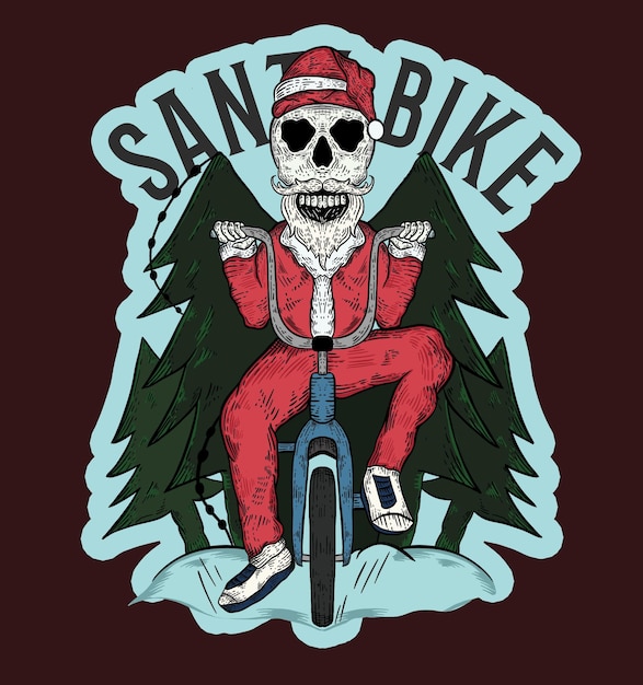 Ilustração vintage de Santa Skull montando uma bicicleta lowrider
