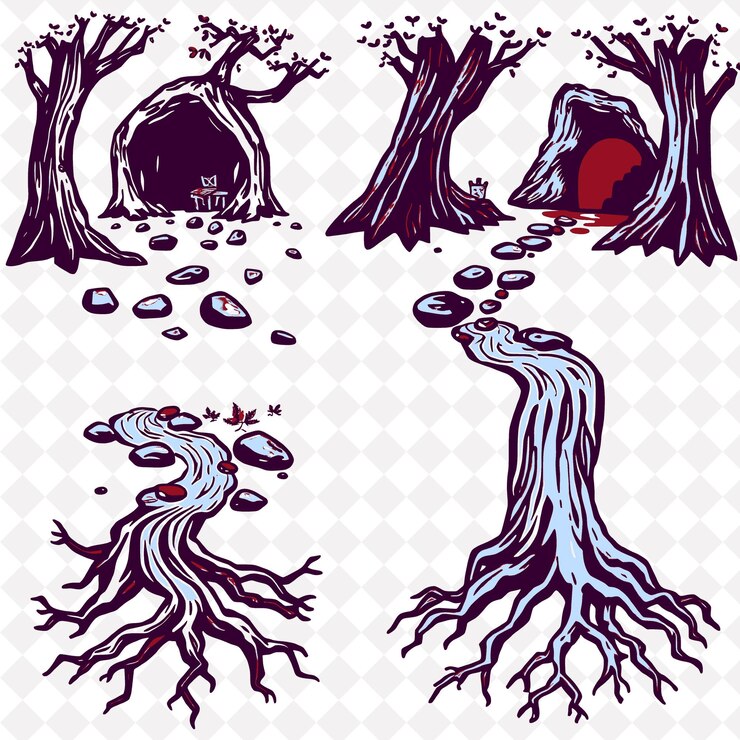 PSD ilustraçãoa árvore escava pedras correntes correntes raizes as cavidades das árvores fornecem abrigo para os animais