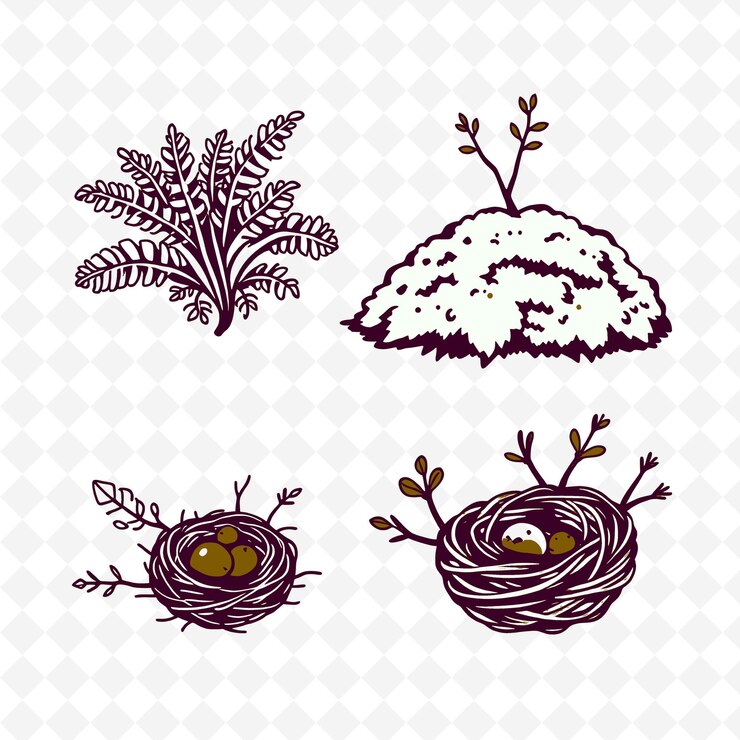 PSD ilustraçãoferns moss oak leaves bird nests curled ferns unfolding creative coloring nature seti