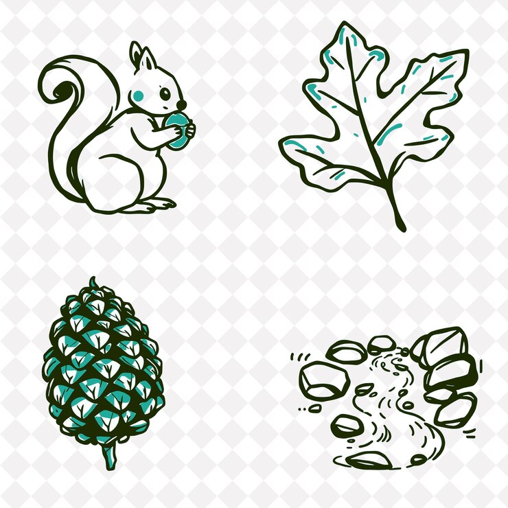 PSD ilustraçãosquirrel oak leaf pinecone stream um esquilo curioso segurando uma noz uma folha de carvalho com d