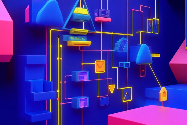 Ilustración 3D abstracta de formas y objetos coloridos interconectados que representan una red o sistema