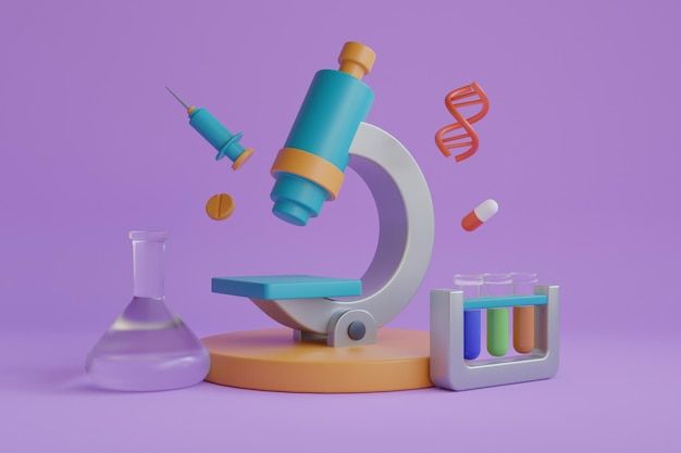 Ilustración 3D de ADN rodea equipos de microscopía y laboratorio