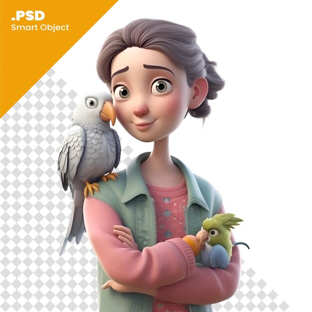 PSD ilustración 3d de una adolescente con una plantilla psd de loro