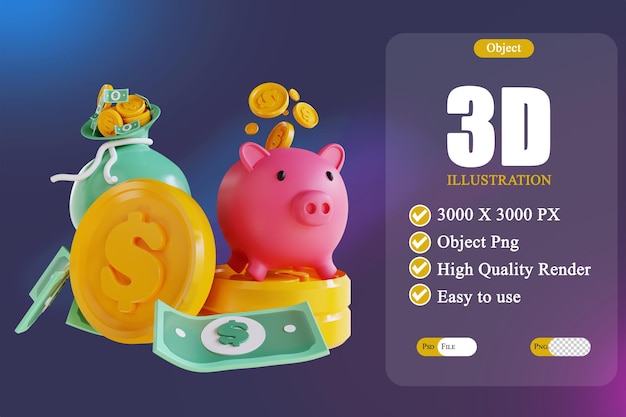 Ilustración 3D alcancía montón de dinero y bolsa de dinero