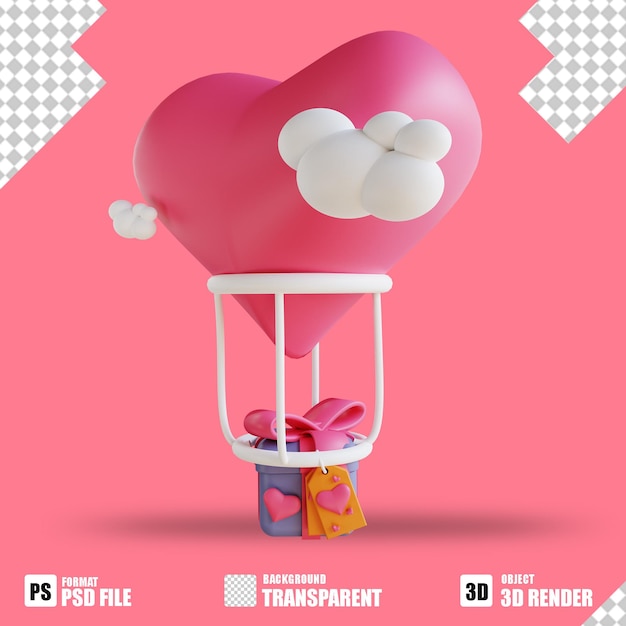 PSD ilustración 3d ama el globo de aire y dale la caja 2 adecuada para el día de san valentín