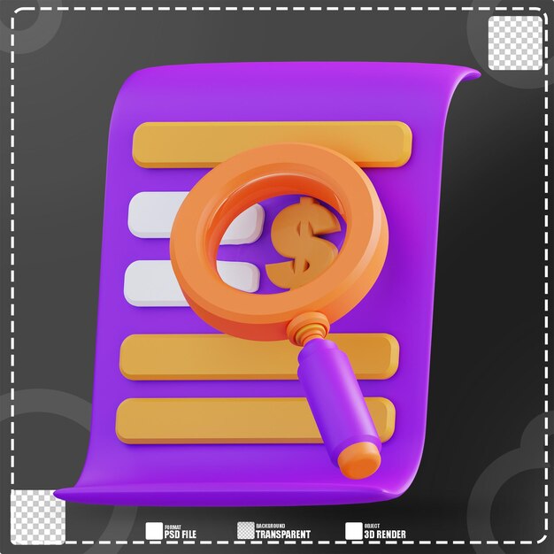 Ilustración 3d de análisis financiero y lupa 2