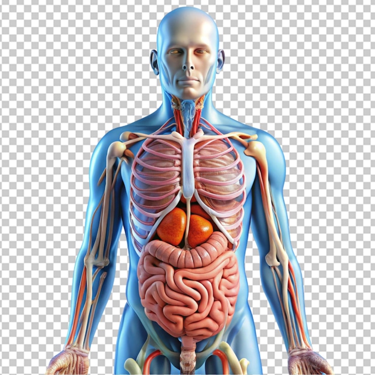 PSD ilustración 3d de la anatomía del sistema digestivo de los órganos del cuerpo humano en un fondo transparente