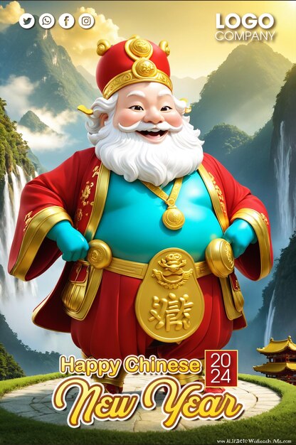 Ilustración 3d del año nuevo chino con la sonrisa del dios de la riqueza sosteniendo la suerte dorada