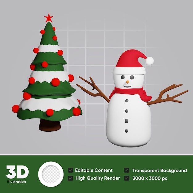Ilustración 3d de árbol de pino y muñeco de nieve de año nuevo