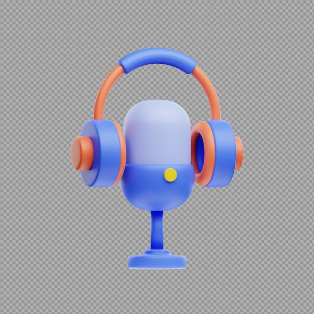 Ilustración 3d de unos auriculares azules con un diseño naranja y amarillo en un fondo transparente