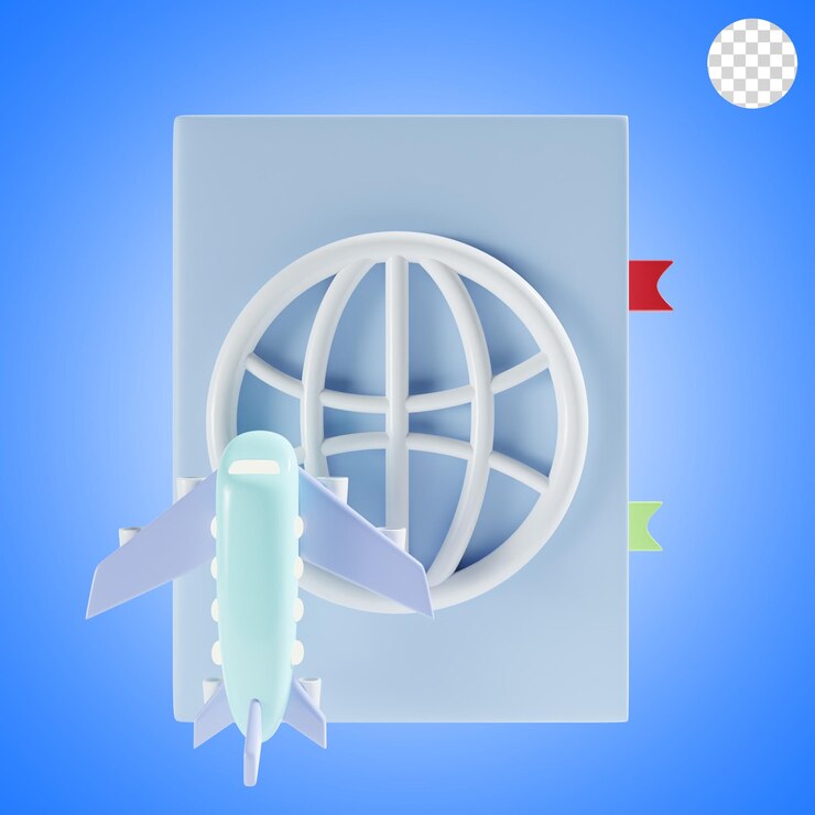 PSD ilustración 3d de avión y pasaporte