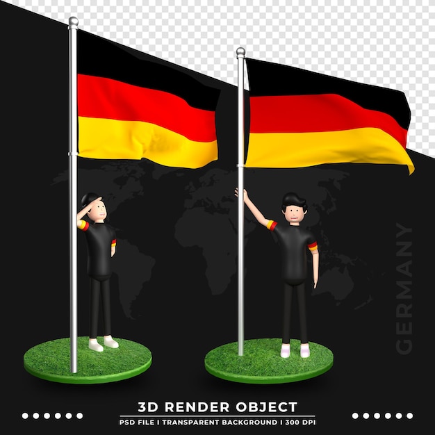 PSD ilustración 3d de la bandera de alemania con personaje de dibujos animados de gente linda. representación 3d.