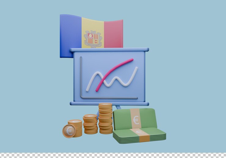 PSD ilustración 3d de la bandera de andorra y la moneda llamada euro
